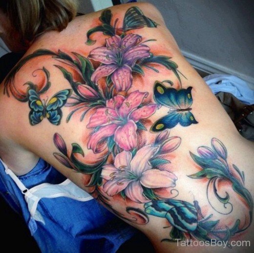 Butterfly And Lily Tattoo On Full Back-TB12027