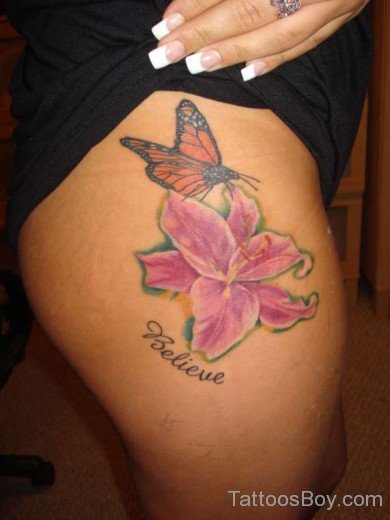 Butterfly And  Lily Tattoo On Thigh-TB12026