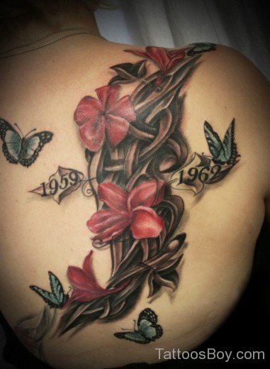 Butterfly And Lily Tattoo On Back 1-TB12028