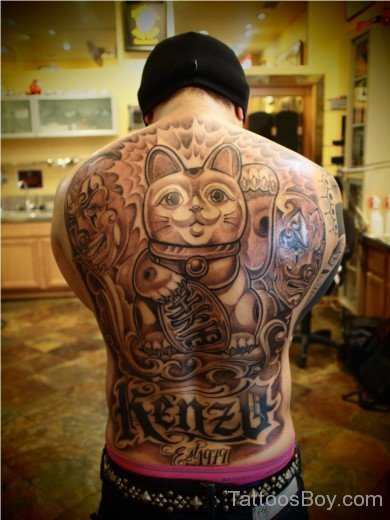 Cat Tattoo On Full Back 