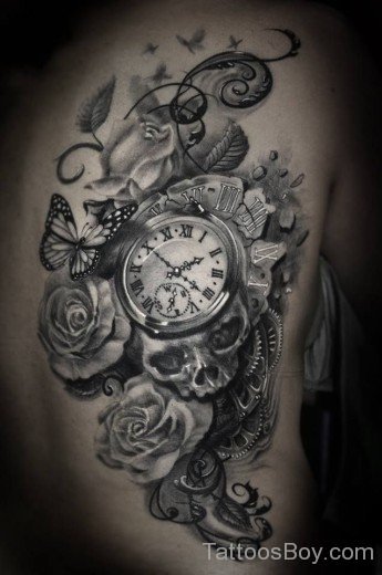 Clock And Rose Tattoo On Back-TB116