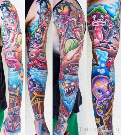 Colored Cartoon Tattoo On Full Sleeve-Tb1070