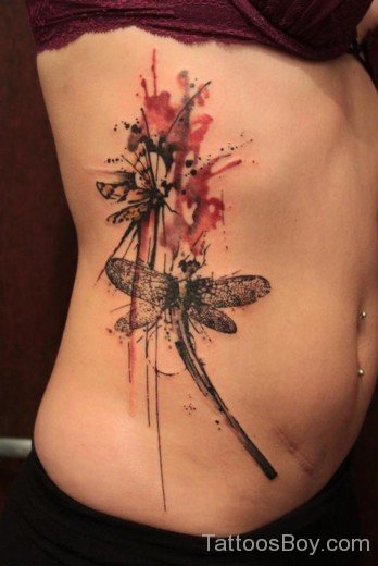 Colored Dragonfly Tattoo On Rib-Tb1219