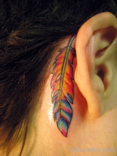Colored Feather Tattoo On Behind Ear-TB1026