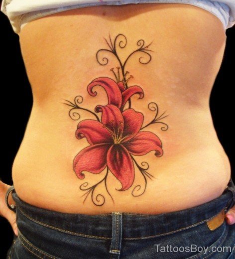 Colored  Lily Tattoo On Lower Back-TB12030