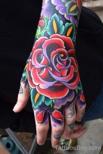 Colored Rose Tattoo On Hnad-TB1023