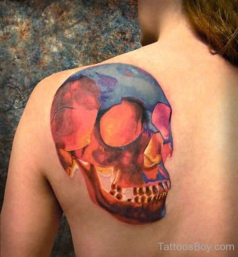 Colored  Skull Tattoo On Back-TB1208