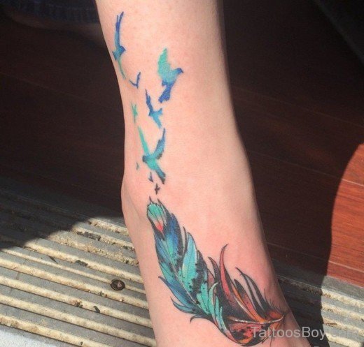 Colorful Feather Tattoo Design On Foot-TB1028