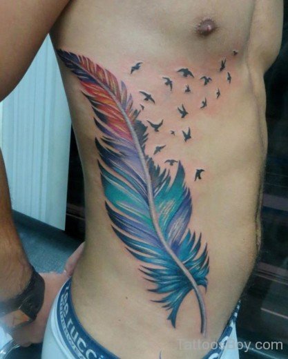 Colorful Feather Tattoo On Rib-TB1030