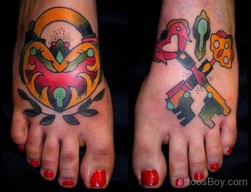 Colorful Lock And Key Tattoo On Foot-TB1029