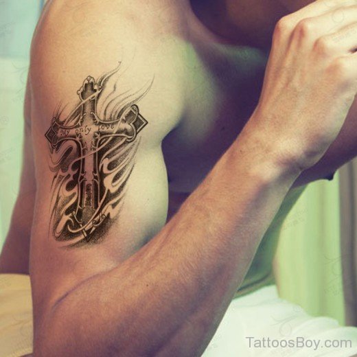 Cross And Flame Tattoo On Shoulder-TB1030