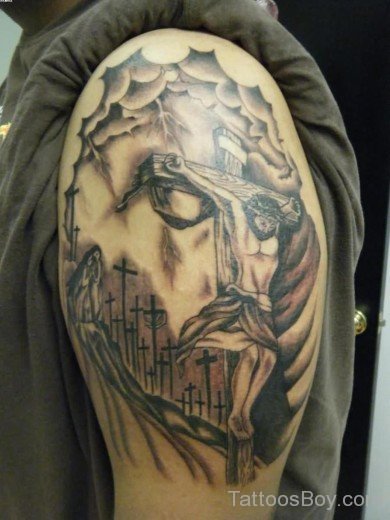 Cross And  Jesus Tattoo On Shoulder-TB111