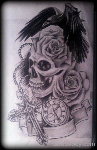 Crow And Skull Tattoo Design-TB118