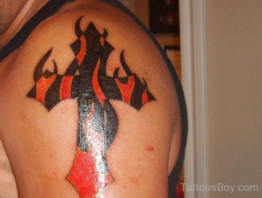 Flaming Cross Tattoo On Bicep-TB1072