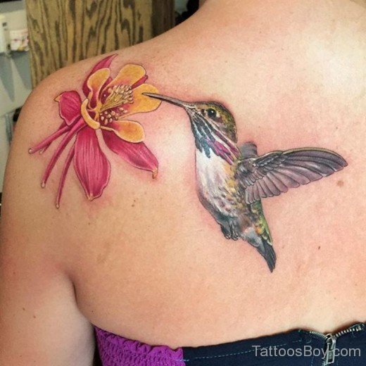 Flower And Hummingbird Tattoo On Back 14-TB1049