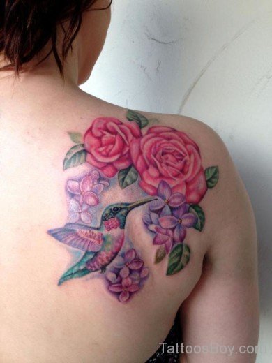 Flower And Hummingbird Tattoo On Back-TB1050
