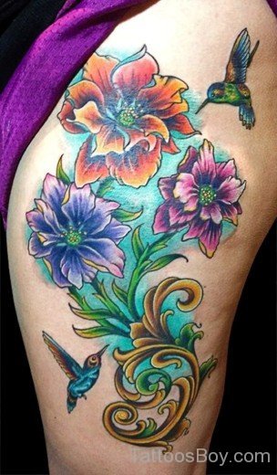 Flower And Hummingbird Tattoo On Thigh-TB1053