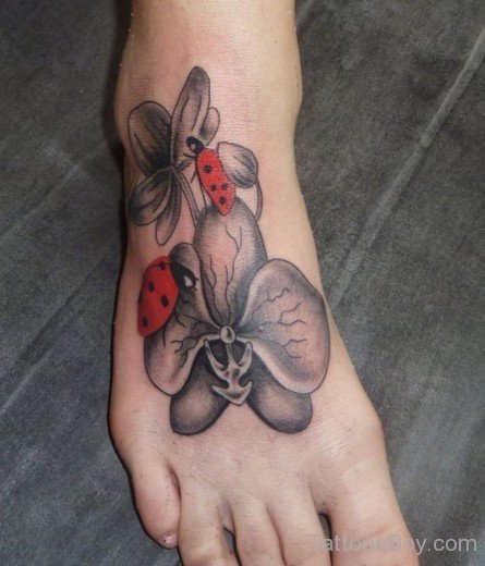 Flower And Ladybug Tattoo On Foot-TB0117