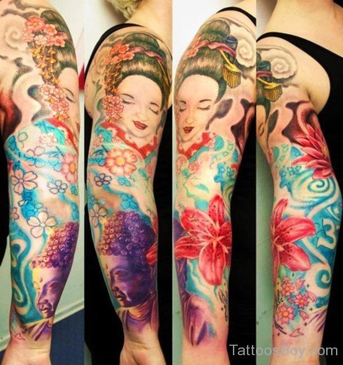Geisha And Hibiscus Flower Tattoo-TB12051