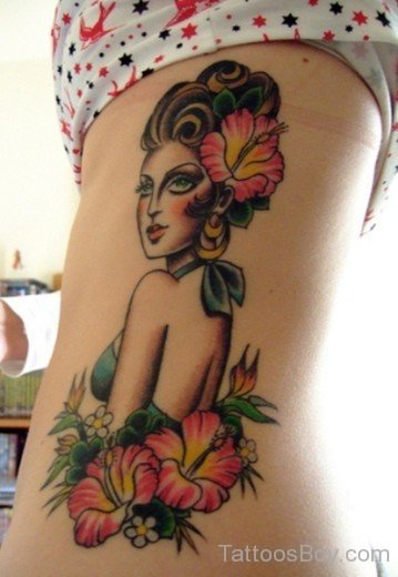 Girl And Hibiscus Tattoo On Rib-TB12052