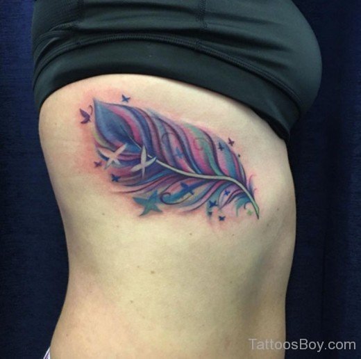 Girly Feather Tattoo On Rib-TB1076