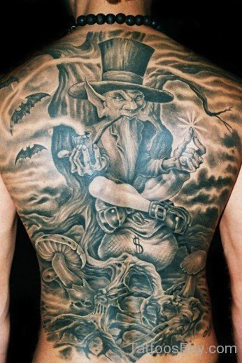 Grey Inked Leprechaun Tattoo On Full Back-TB12042