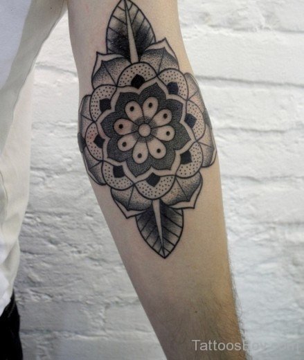 Grey Inked Mandala Tattoo On Elbow-TB1022