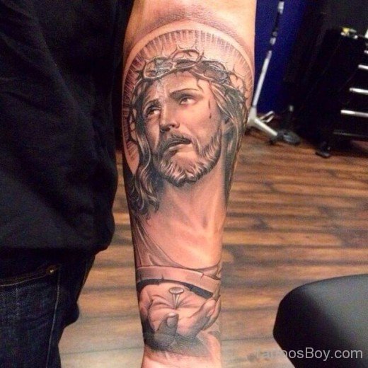 Grey  Jesus Tattoo On Arm-TB114
