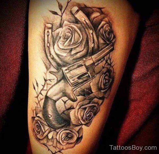 Gun And Rose Tattoo On Thigh-TB1028