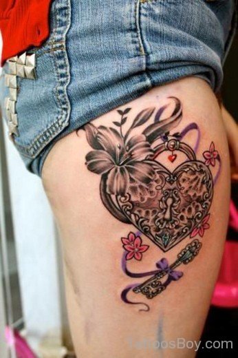 Heart Lock And  Key Tattoo On Thigh-TB1045