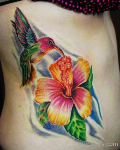 Hummingbird And Flower Tattoo Design On Rib-TB1074