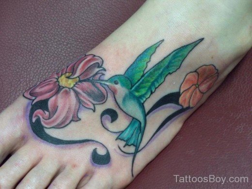 Hummingbird And Flower  Tattoo On Foot-TB1071