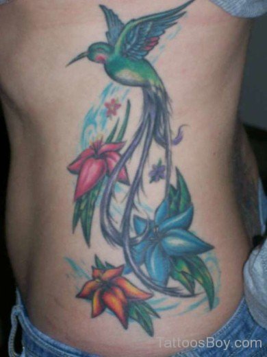 Hummingbird And Flower Tattoo On Rib-TB1075