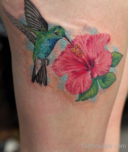 Hummingbird And Flower Tattoo  On Thigh-TB1072