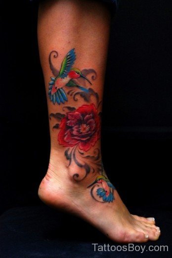 Hummingbird And Rose Tattoo On Ankle-TB1078