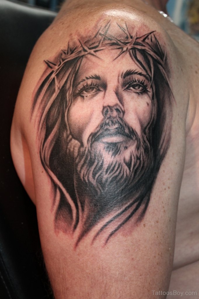 Jesus Face Tattoo On Shoulder | Tattoo Designs, Tattoo Pictures