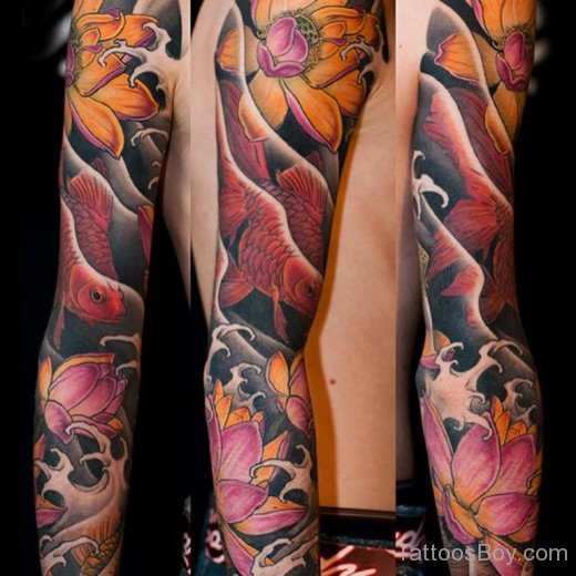Lotus And Fish Tattoo  On Full Sleeve-TB1047