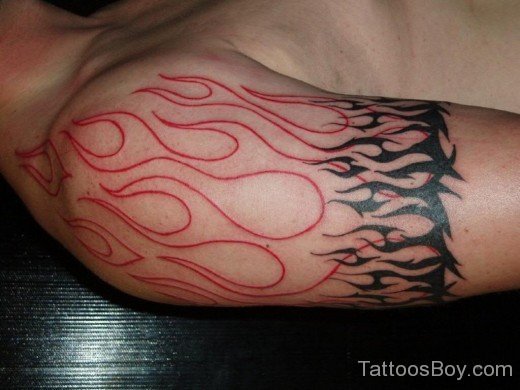 Outline-Flame Tattoo On Half Sleeve