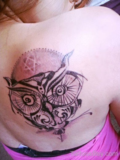 Owl And Heartagram Tattoo  On Back-TB1081