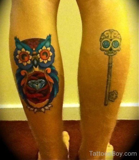 Owl And  Key Tattoo On Leg-TB1136