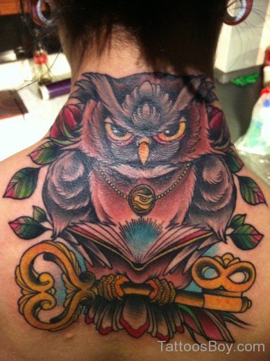 Wonderful Owl And  Key Tattoo On Nape-TB1137