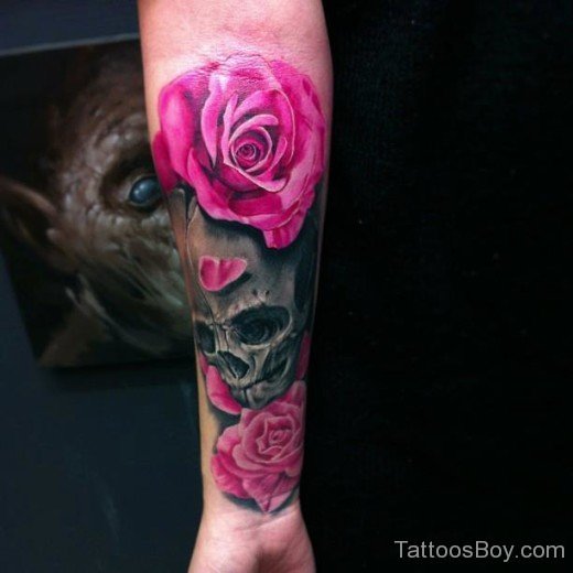 Pink Rose And Skull Tattoo On Wrist-TB124