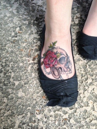 Rose And Skull Tattoo On Foot-TB134