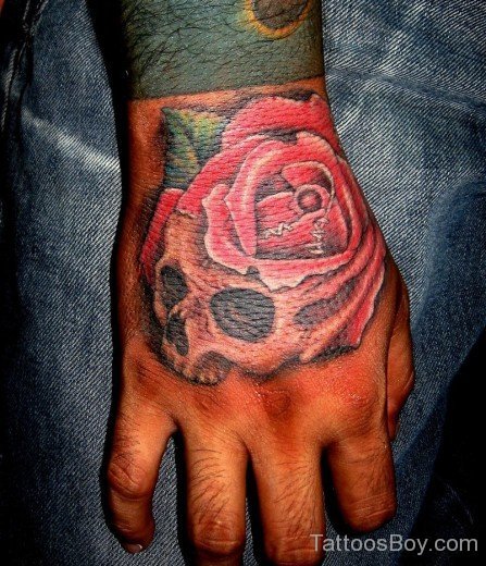 Rose And Skull Tattoo On Hand-TB135