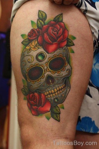 Rose And Skull Tattoo On Thigh-TB136