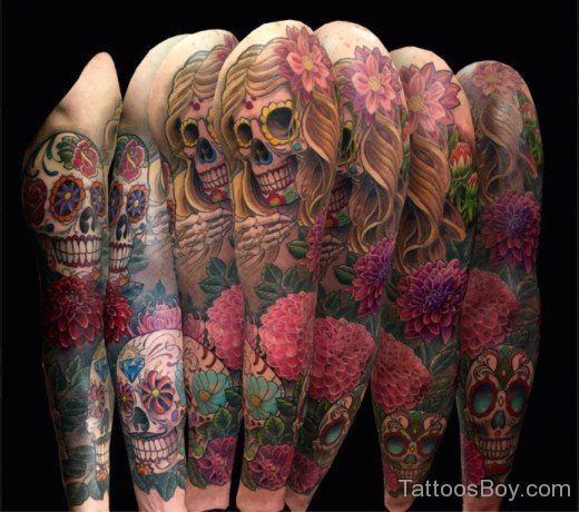 Skull And Flower Tattoo On Full Sleeve-TB1081