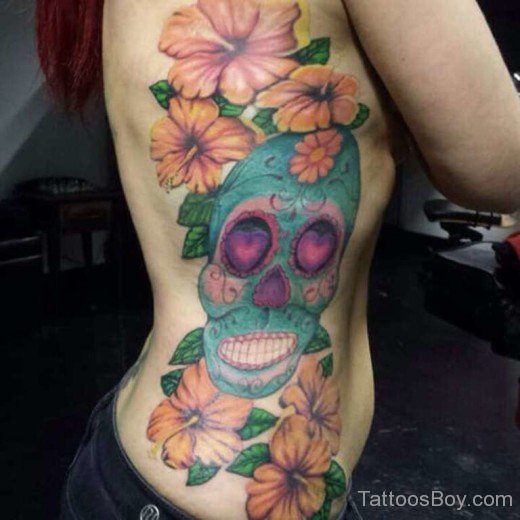 Skull And Flower Tattoo On Rib-TB12137