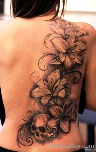 Skull And  Lily Tattoo On Back-TB12137