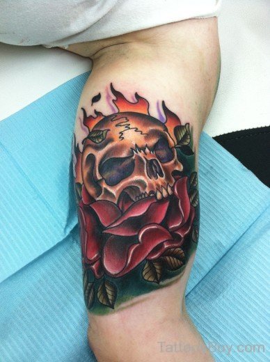 Skull And Rose Tattoo On Bicep-TB1093