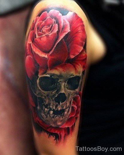 Skull And Rose Tattoo On Half Sleeve-TB148